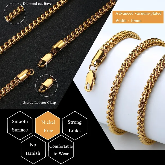 Gold chain infographic noting clasp and water resistance