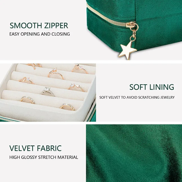 Green case infographic detailing zipper, lining and fabric