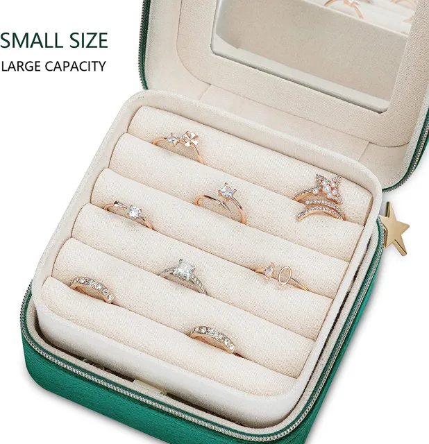 Green velvet case open with ring rows, small size large capacity