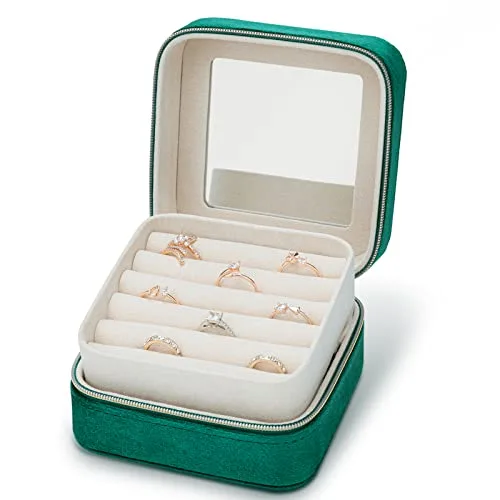 Green velvet case open, close view of the ring rows