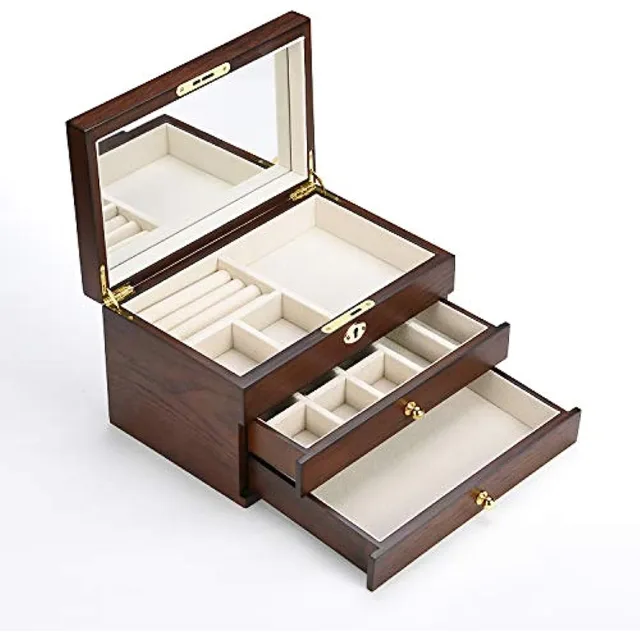 Walnut wooden jewelry chest open with the top drawer extended