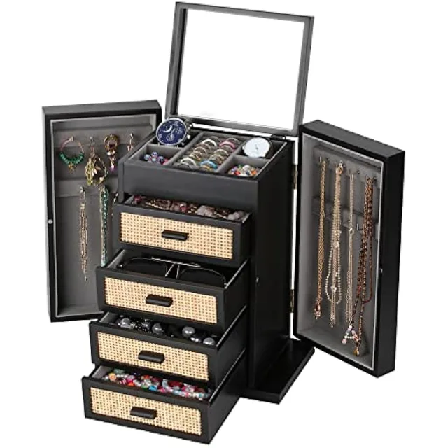 Black and rattan jewelry cabinet open with four drawers