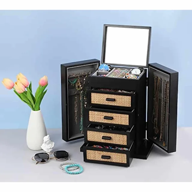 Black rattan cabinet styled open with tulips