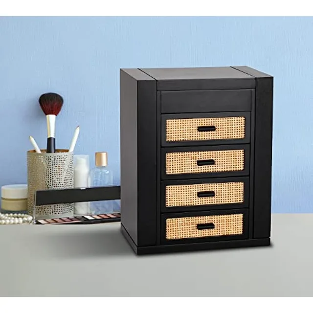 Black rattan cabinet closed on a dressing table