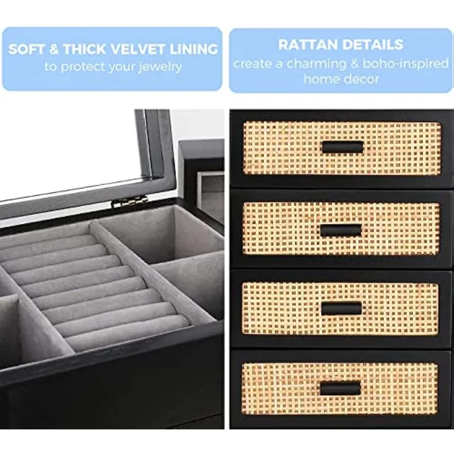 Infographic showing the velvet lining and rattan details