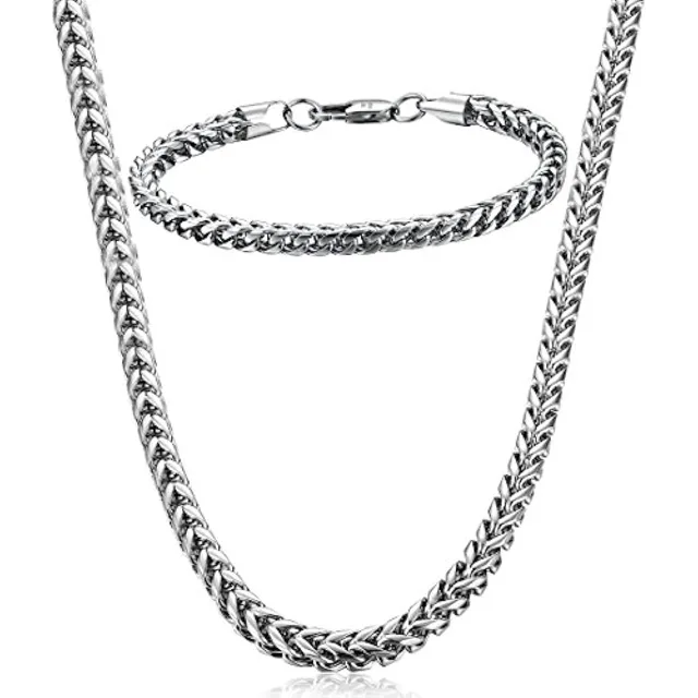 Silver wheat chain necklace and bracelet, full view