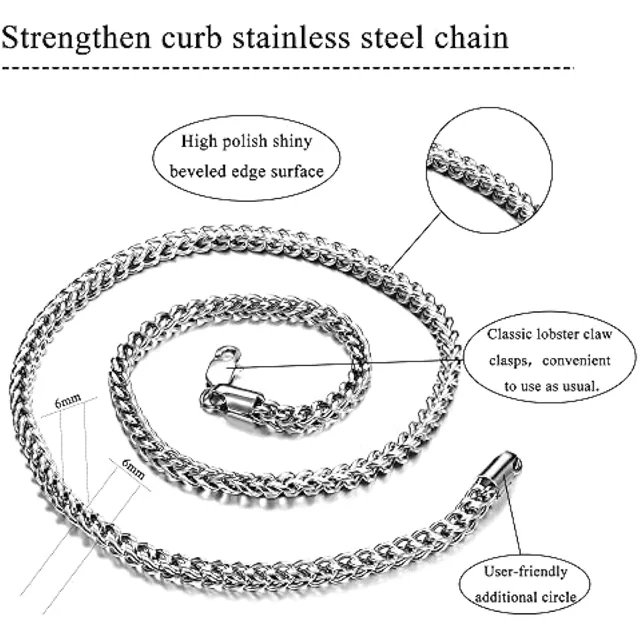 Silver chain infographic noting polish and clasp details