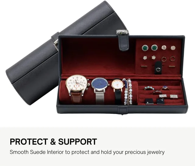 Watch roll open with the pull-out compartment noted