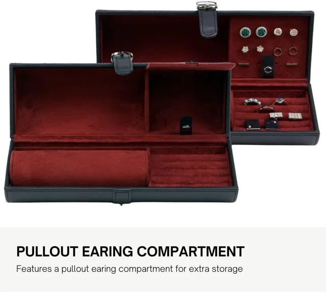 Black watch roll open showing the earring compartment