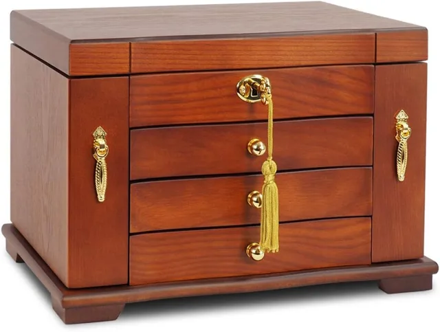 Walnut chest closed, front view, gold tassel lock