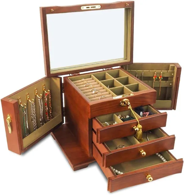 Walnut chest open with side panels and drawers extended