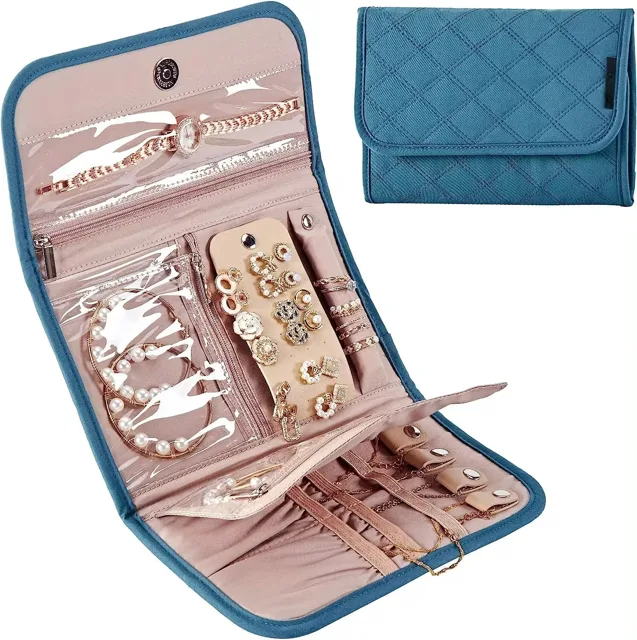 Teal jewelry organizer bag open showing straps and pouches