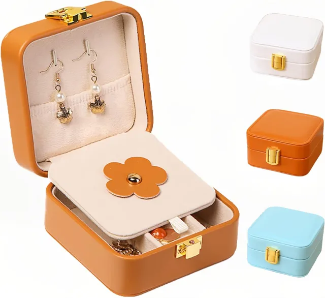 Caramel square jewelry case open with a flower ring holder