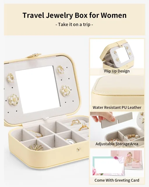 Infographic presenting the cream and pink travel box features