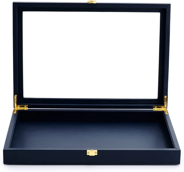Open navy case with a plain empty base tray