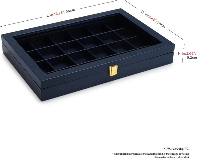 Dimension diagram of a twelve-slot navy jewelry display case