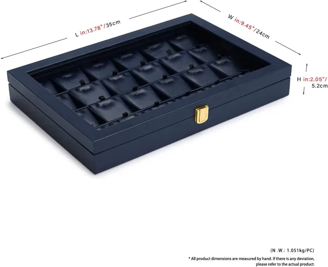 Dimension diagram of a deep navy case with ring slots and gold clasp