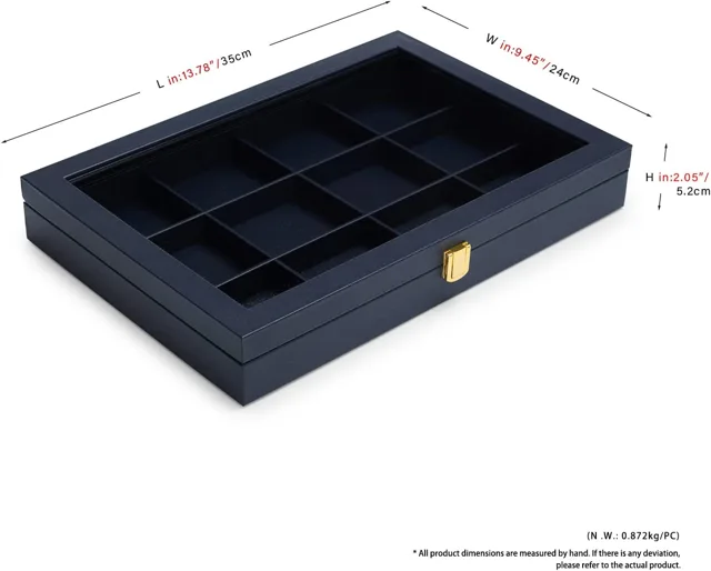 Dimension diagram of a navy jewelry case with six compartments