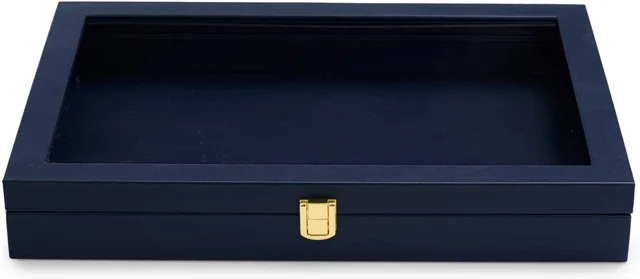 Empty navy jewelry case base with plain interior