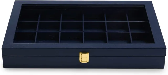 Closed navy jewelry case shown from a high side angle