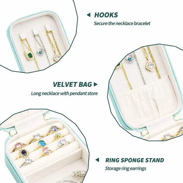 Infographic labeling hooks, velvet bag and ring sponge stand
