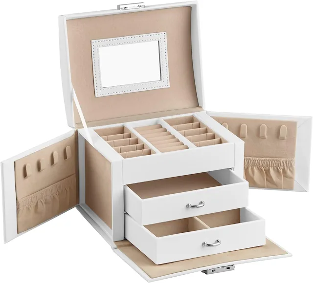 White three-tier jewelry box open with drawers and side panels