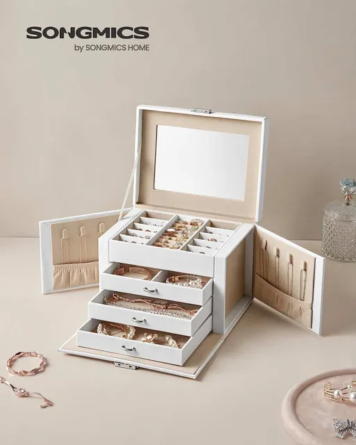 Branded shot of the white three-tier jewelry box open
