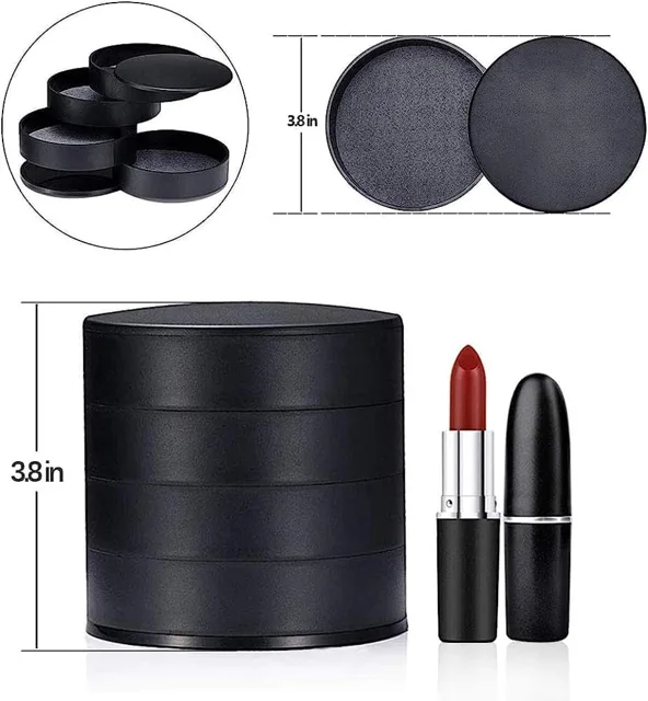 Black round tower beside a lipstick with height marks