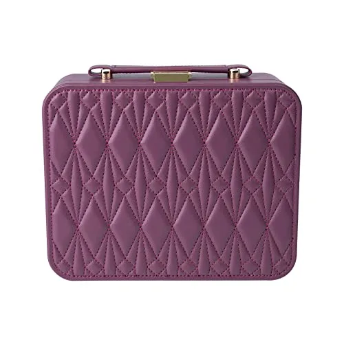 Burgundy quilted trunk closed, front view, gold handle