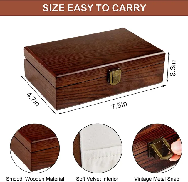 Size infographic of the wood-grain box with material notes