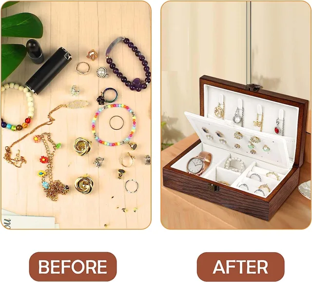 Before and after infographic of jewelry tidied into the box