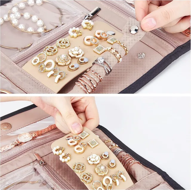 Hand pressing stud earrings onto the organizer panel