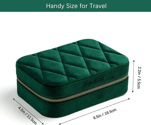 Green case dimension diagram marked handy size for travel