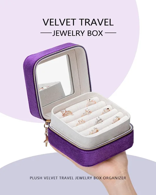 Purple velvet travel case infographic, full view