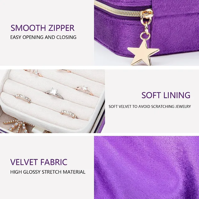 Purple case infographic detailing zipper, lining and fabric
