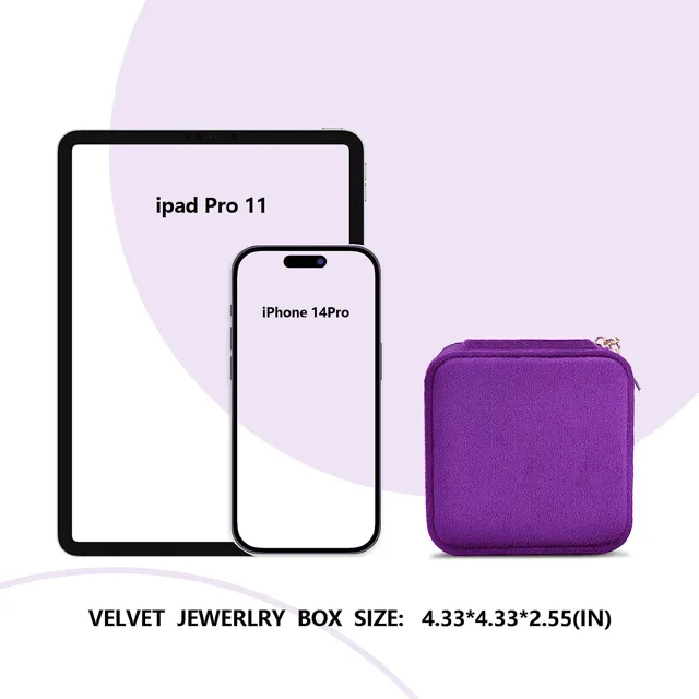 Purple case size comparison infographic against a tablet and phone