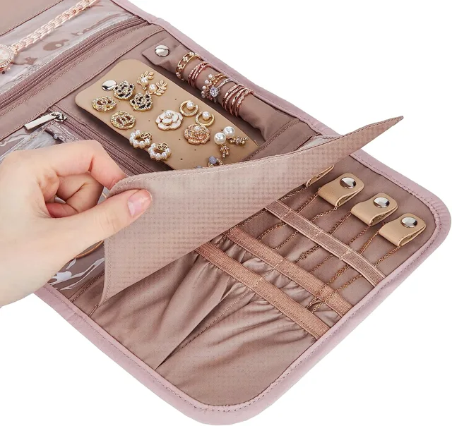 Pink organizer bag with the drawstring pouch loosened
