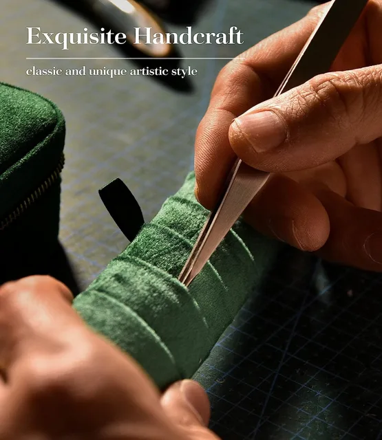 Close view of hands hand-stitching the green velvet case