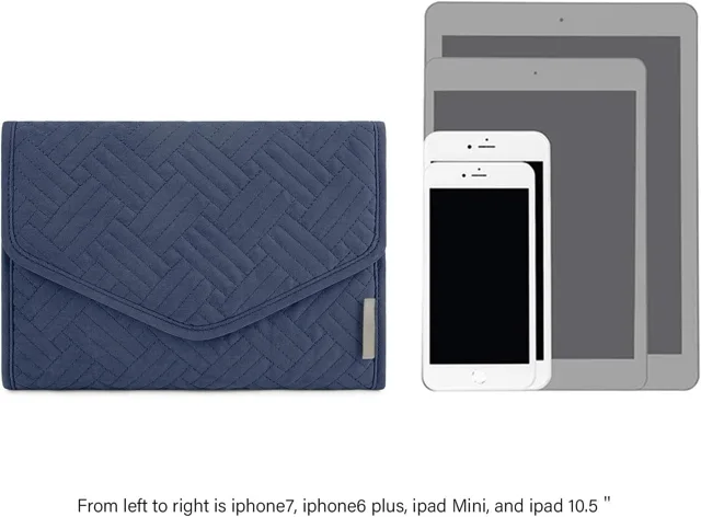 Navy jewelry roll compared against tablet and phone sizes