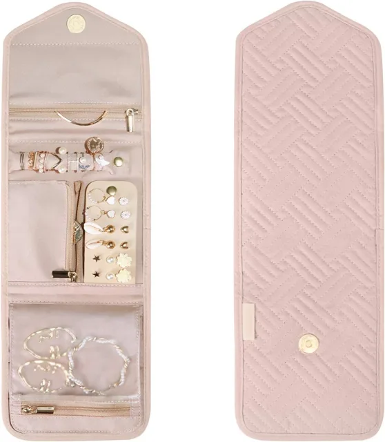Pink jewelry roll open showing panels and zip pouch