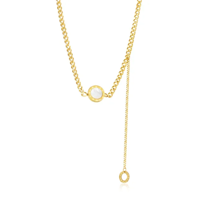 Gold circle-clasp necklace with a drop tail chain