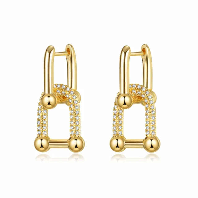 Gold geometric drop earrings with a zircon band