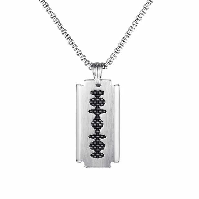 Silver razor-blade pendant on a box chain, front view