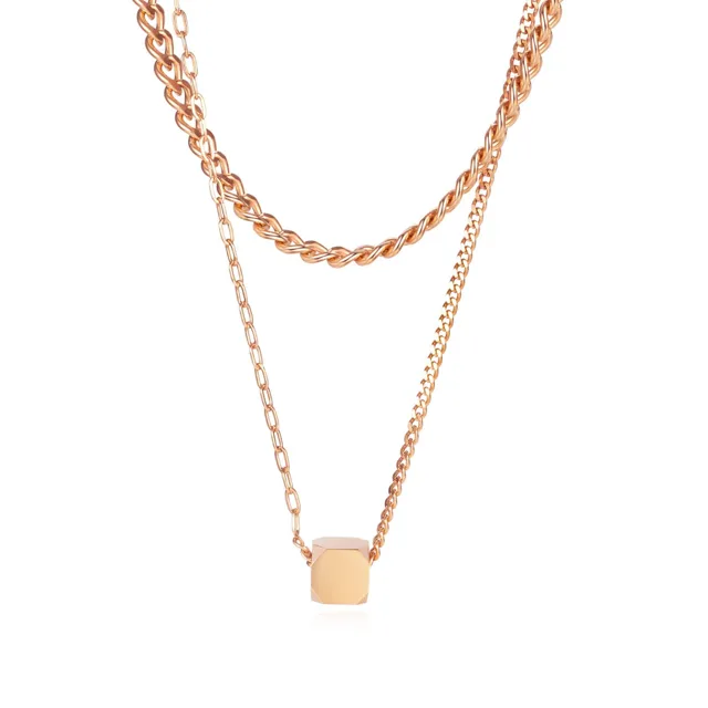 Rose gold double-layer necklace with a square bead drop