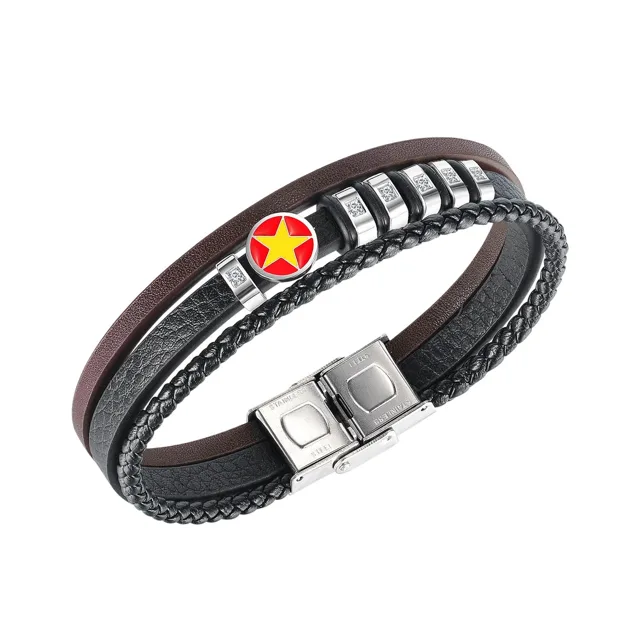 Black double-strap leather bracelet with a red star stud