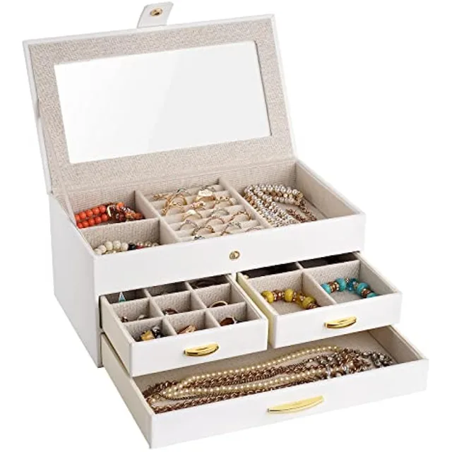 White jewelry box open with three tray rows filled