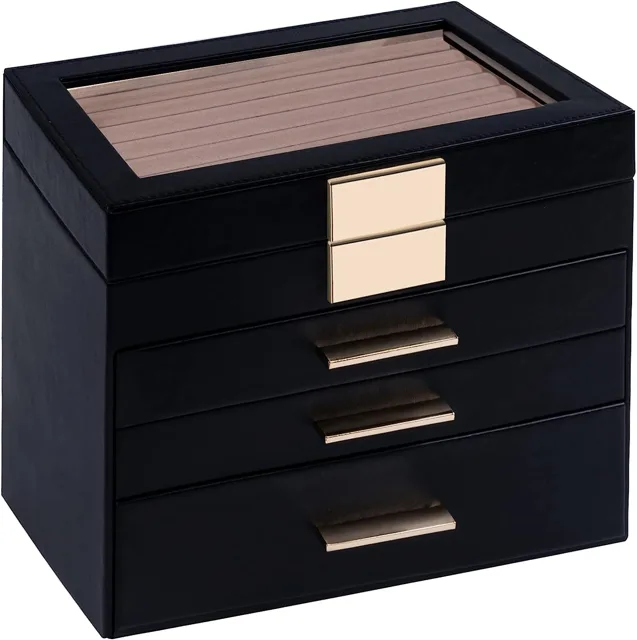 Black four-drawer cabinet closed, front view