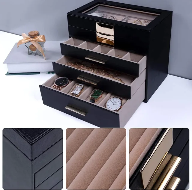 Black four-drawer cabinet open with trays extended