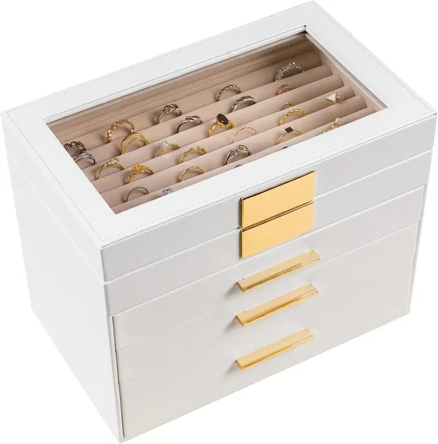 White four-drawer jewelry cabinet with a glass display lid