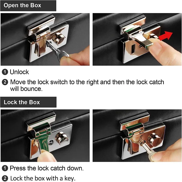 Three-step infographic showing how to lock the cabinet